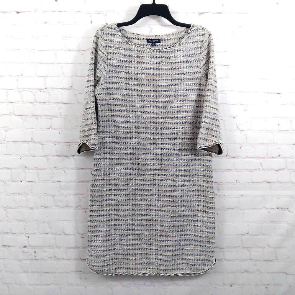 Max Edition Dress Womens Medium Beige Striped 3/4 Sleeve Boatneck Tweed Classic